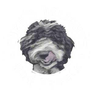 Logo for Duke's Delights Dog Treats featuring a dog's face in the center on a green background.