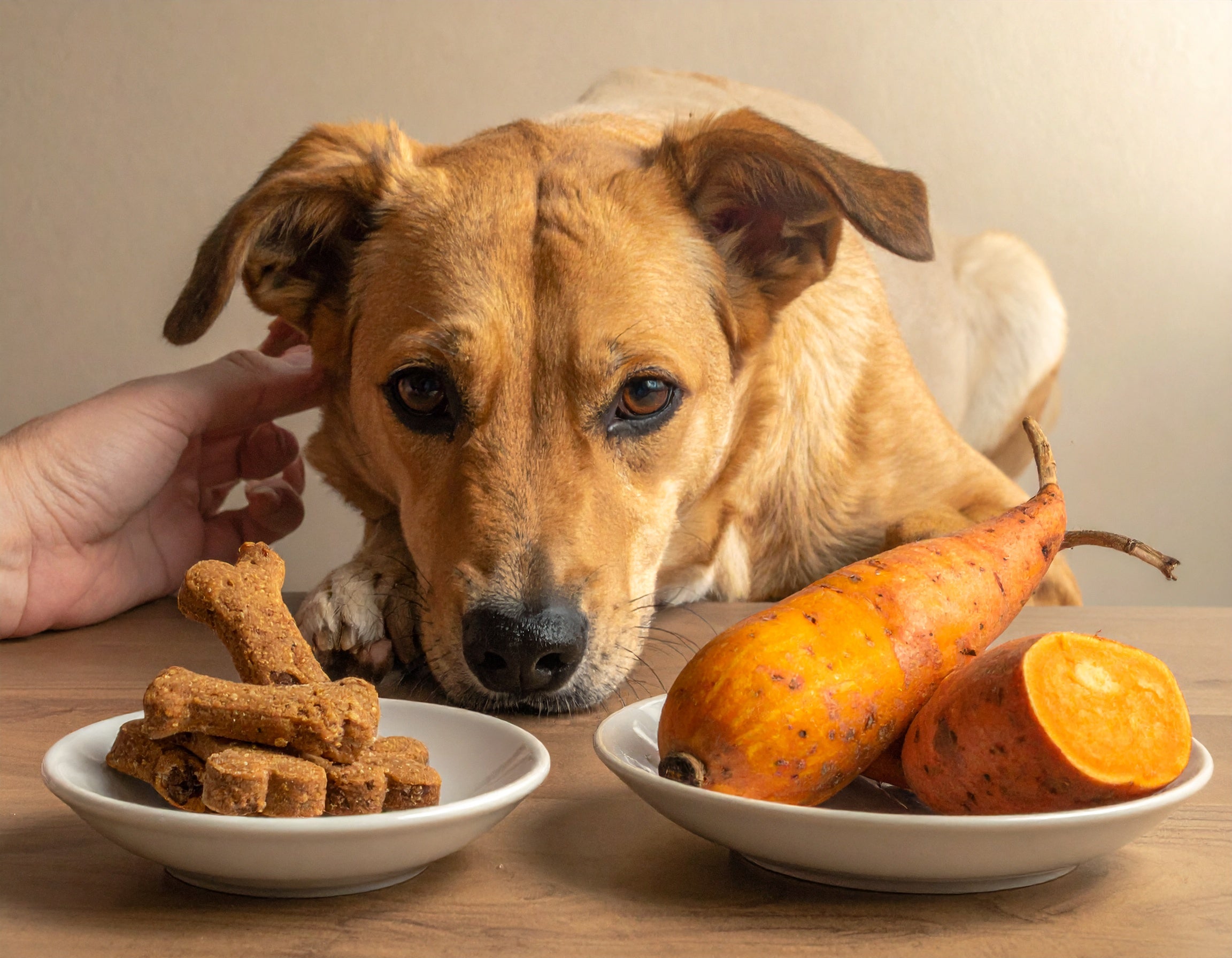 From Anxiety to Zen: How Diet & Rituals Can Calm Your Dog - A dog considering healthy treats and vegetables.