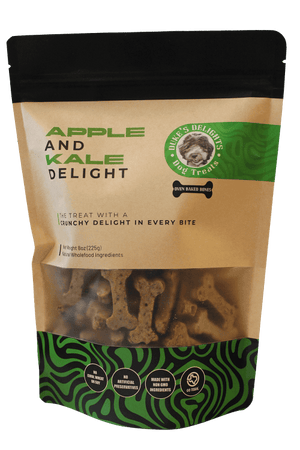 Benefits of Apple & Kale for Dogs – Healthy Grain-Free Treats packaging with crunchy dog treats.