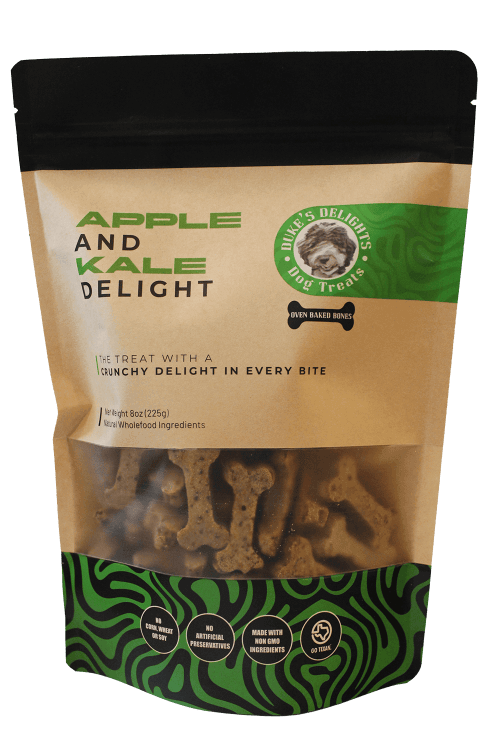 Benefits of Apple & Kale for Dogs – Healthy Grain-Free Treats packaging with crunchy dog treats.