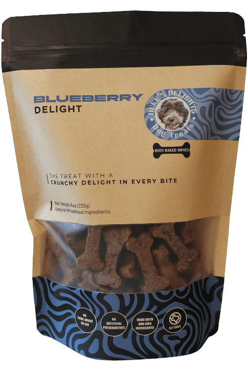 Blueberry Delight for Dogs – Antioxidant-Rich, Grain-Free Treats | Duke’s Delights packaging with crunchy treats.