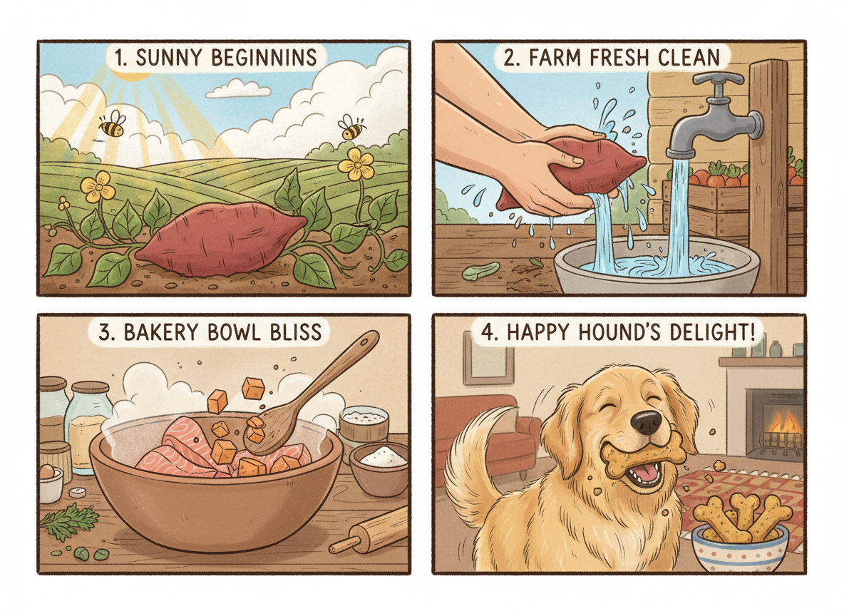 A Day in the Life of a Sweet Potato (From Farm to Duke's Oven) illustrated steps from farm to bakery to enjoy with a happy dog.