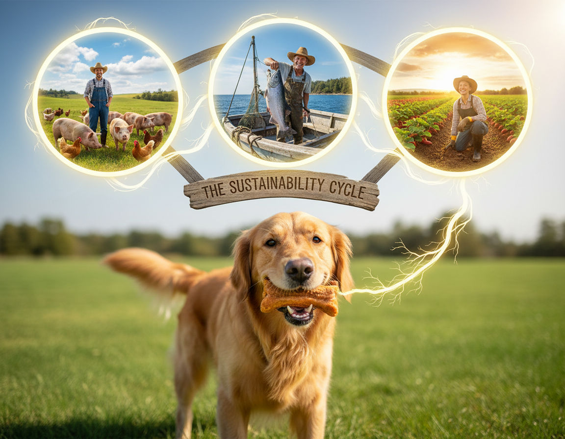 A golden retriever holds a treat in its mouth with visuals of sustainable farming practices and the sustainability cycle.