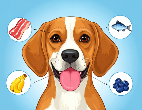 The Science of Canine Taste Buds: Why Dogs Prefer Certain Flavors, featuring a happy dog with favorite foods.