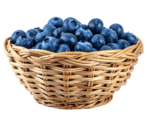 Wicker basket filled with blueberries on a white background