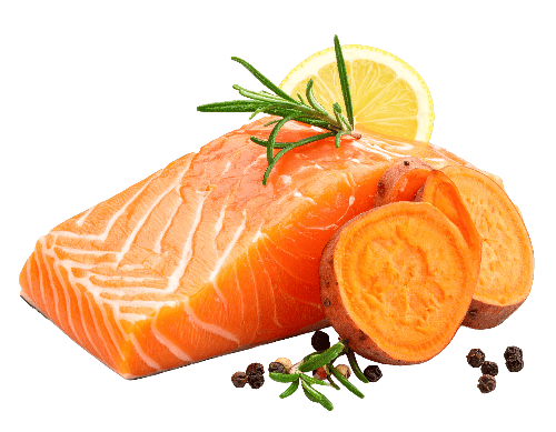 Raw salmon fillet with sweet potatoes, lemon, and rosemary on a white background